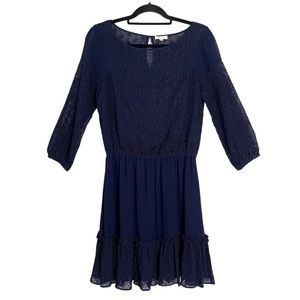 Shoshanna Embroidered Eyelet Mini Dress Size 6 Navy 3/4 Sleeve Fit & Flare VGUC